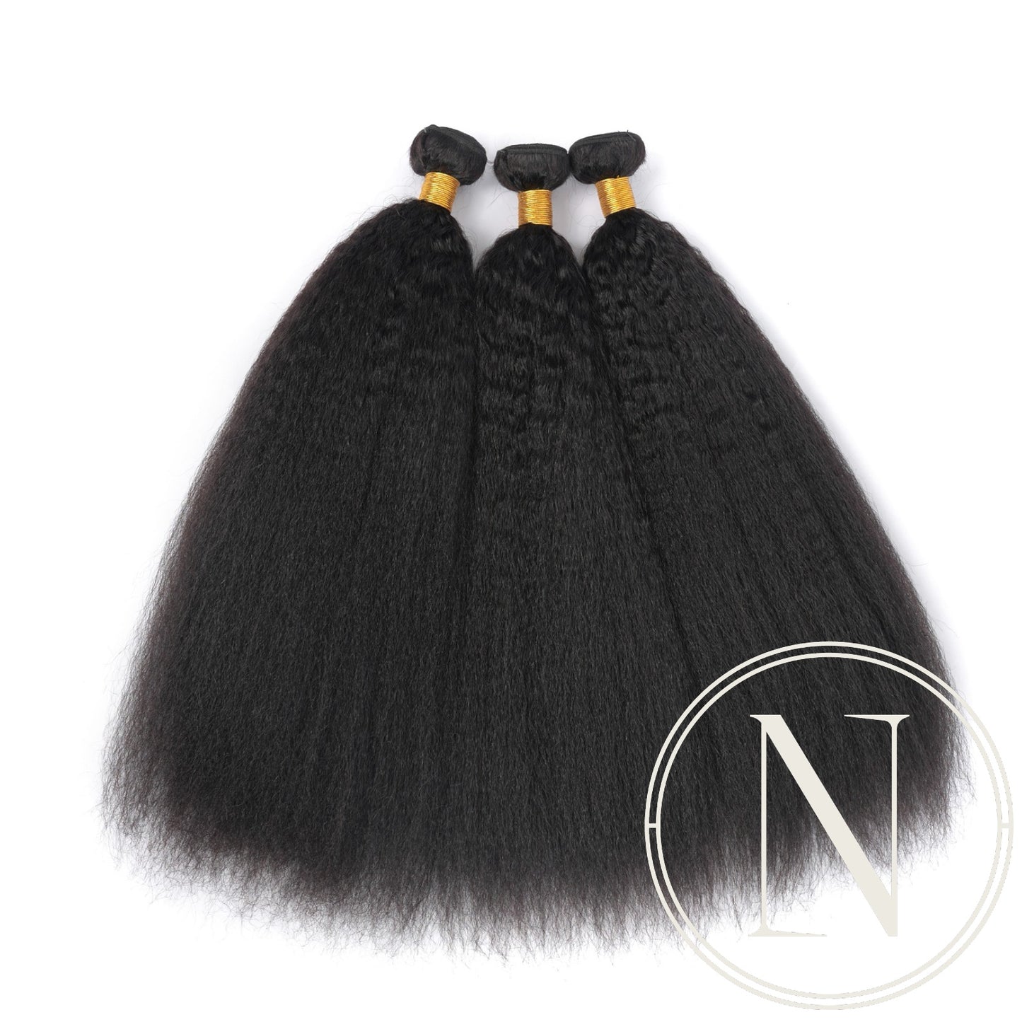 Three bundles of black hair extensions on a white background with a brand logo.